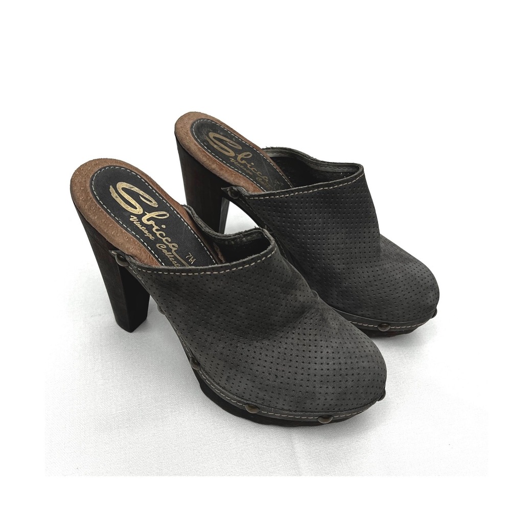 Sbicca Vintage Collection Grey Suede Perforated Wood Platform Clogs Mules 7M